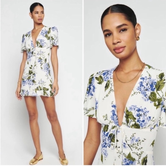 NEW Reformation Mya Mini Flower Dress Riviera Cream Blue in Size 10 - Picture 6 of 14